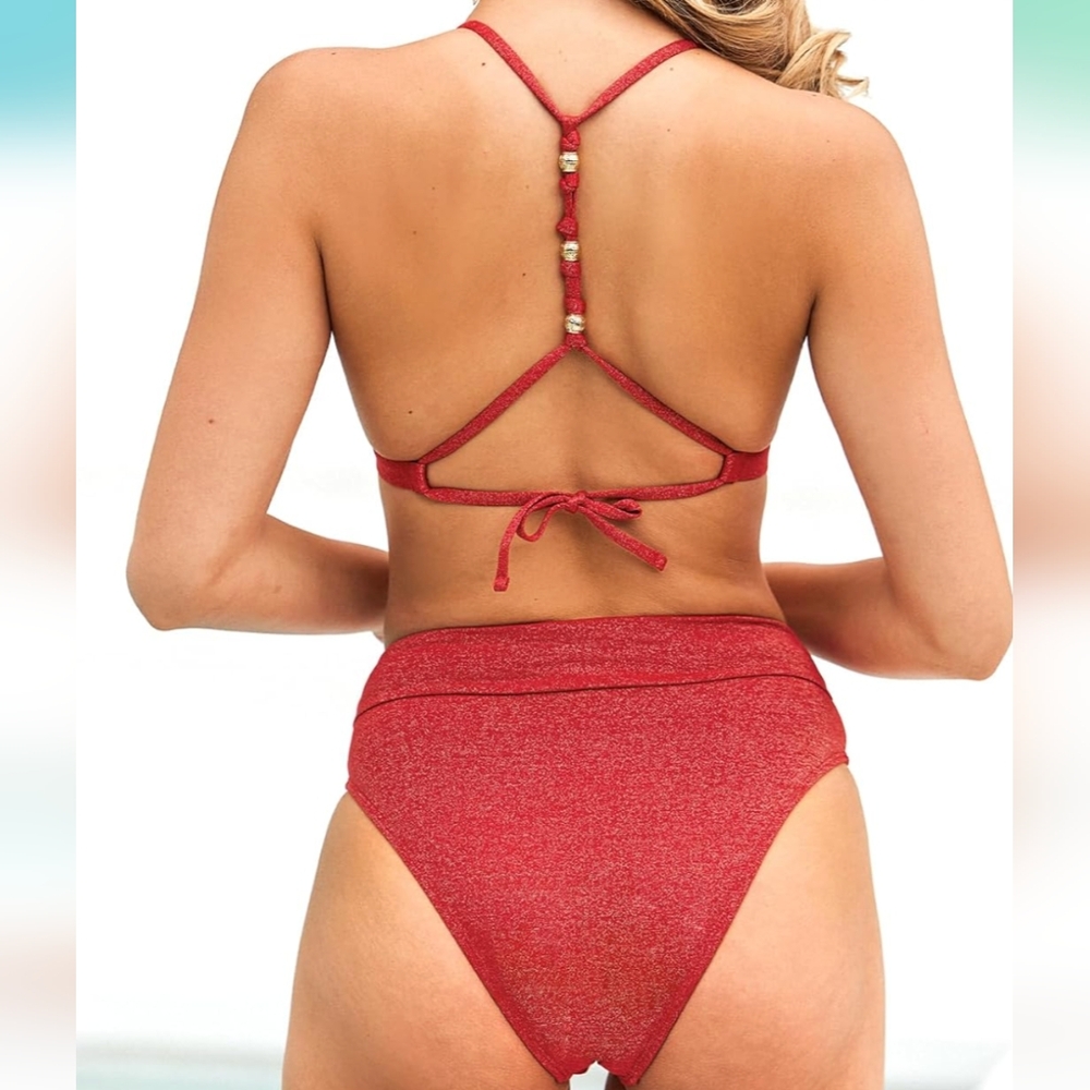 NWT Cupshe Red Sparkly Bikini High Waisted Cheeky Fit Triangle Top - Picture 3 of 9